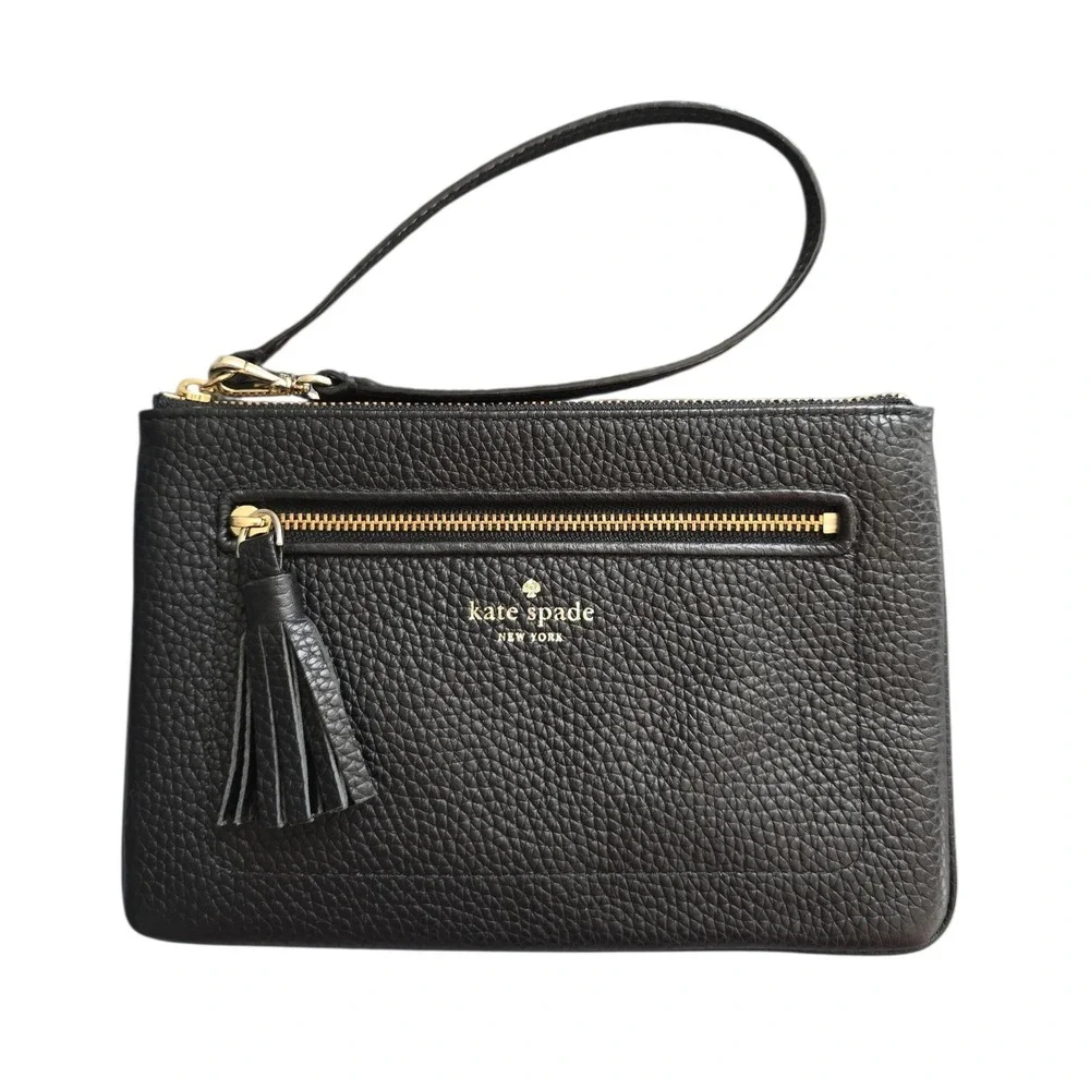 Kate Spade Chester Street Tinie Pebbled Leather Wristlet Clutch Tassel Black EUC